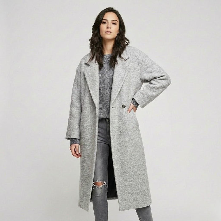 Straight-Cut Long Wool Coat with Unique Checked Design