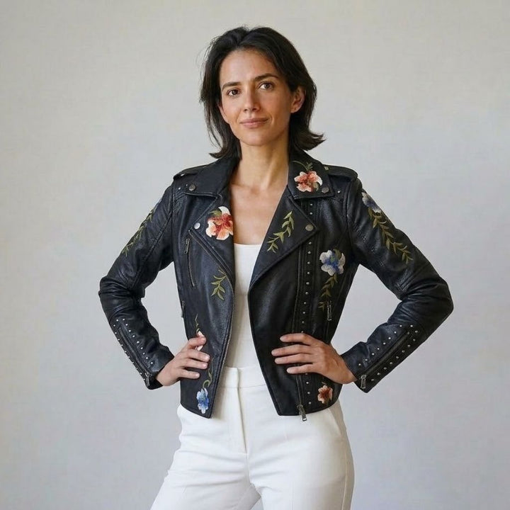 Floral Embroidered Short Biker Jacket in Polyurethane and Polyester