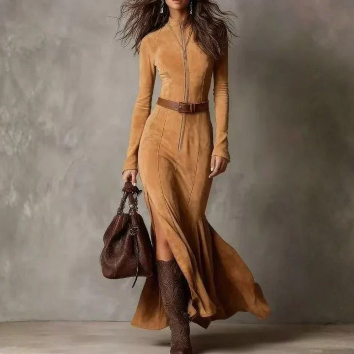 Maria - Chic Long Suede Dress with Belt and Side Split