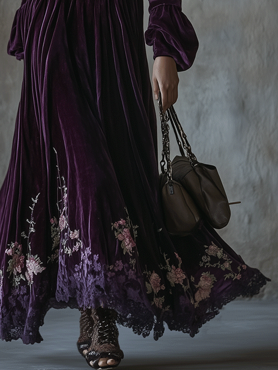 Velvet Maxi Dress Adorned with Embroidered Floral Designs