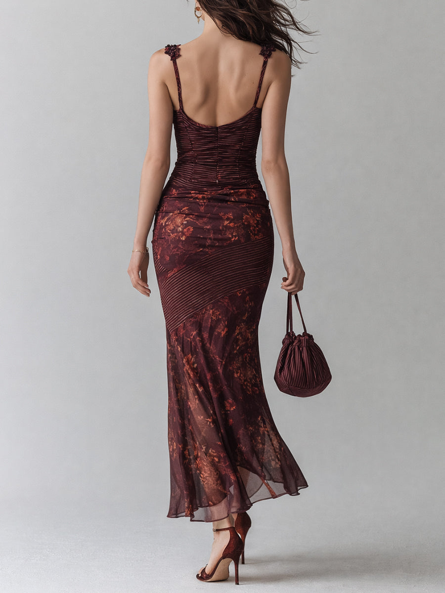 Vintage-Inspired Floral Maxi Dress with Striped Accents
