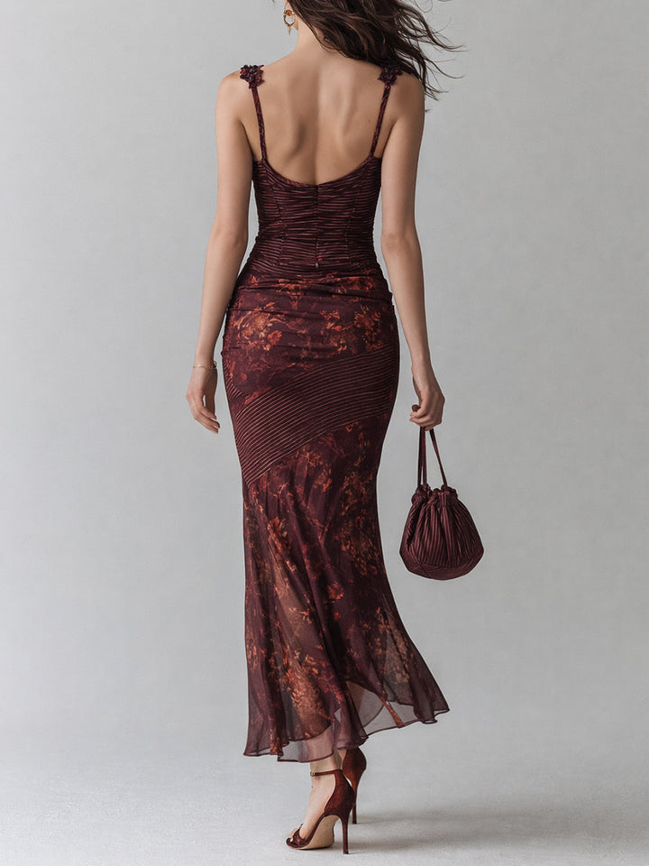 Vintage-Inspired Floral Maxi Dress with Striped Accents