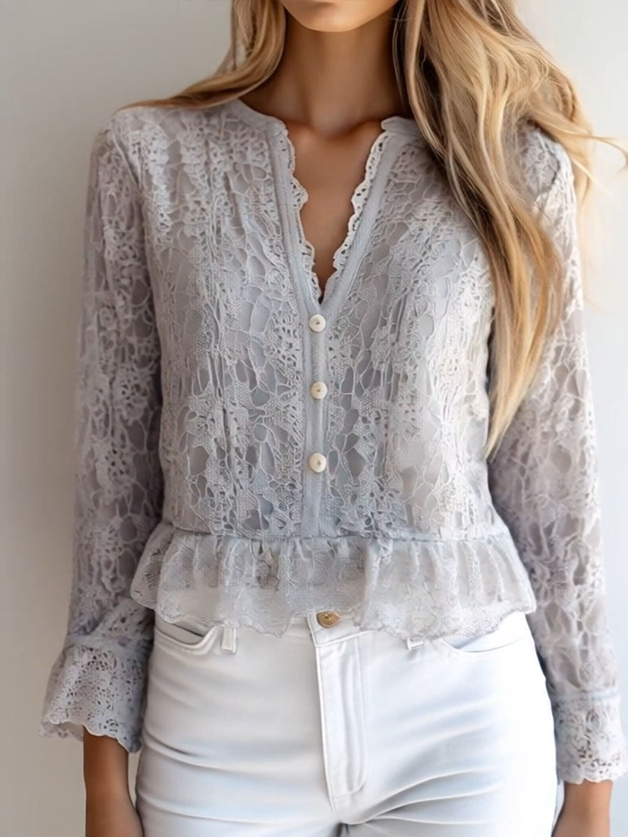 Contemporary V-Neck Shirt with Button Details and Long Lace Sleeves