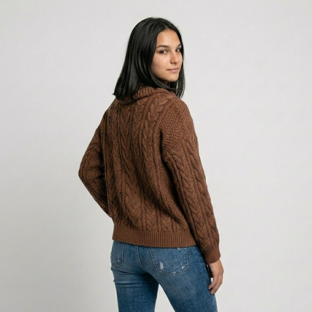 Cozy Cable Knit Sweater with Wide Collar - Acrylic and Polyester Blend