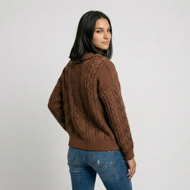 Cozy Cable Knit Sweater with Wide Collar - Acrylic and Polyester Blend