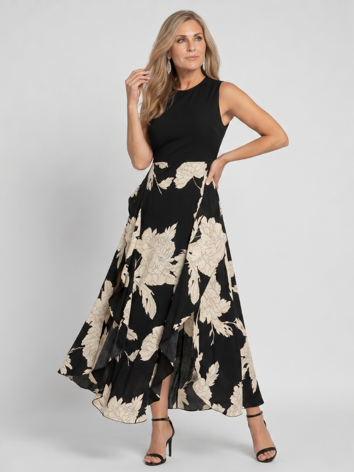 Klasen | Midi Dress Without Sleeves with Flower and Asymmetrical Jacket
