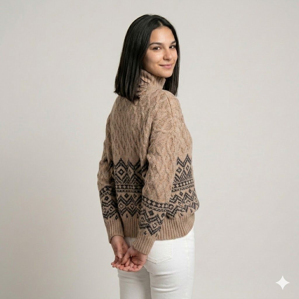 Textured Roll Neck Sweater Crafted from Acrylic and Wool Blend
