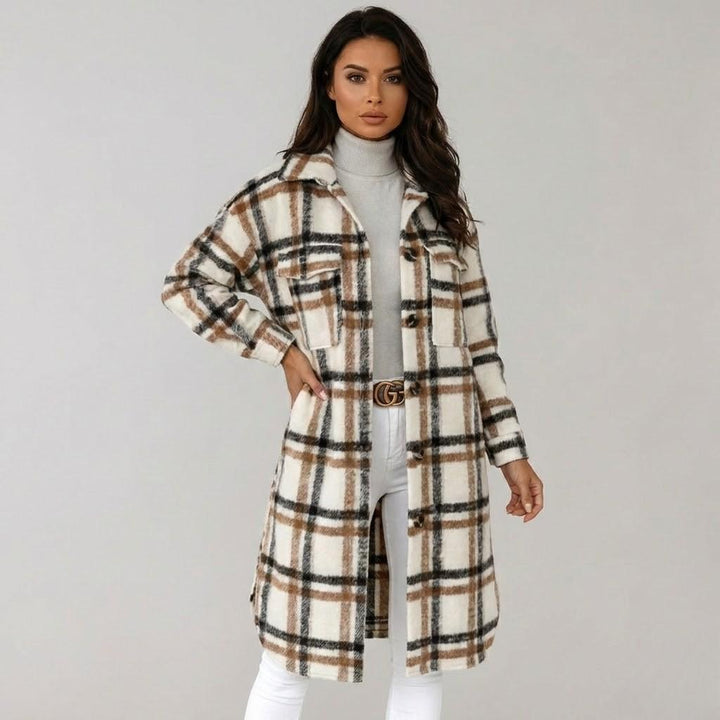 Chic Checked Wool Blend Coat with Straight Cut
