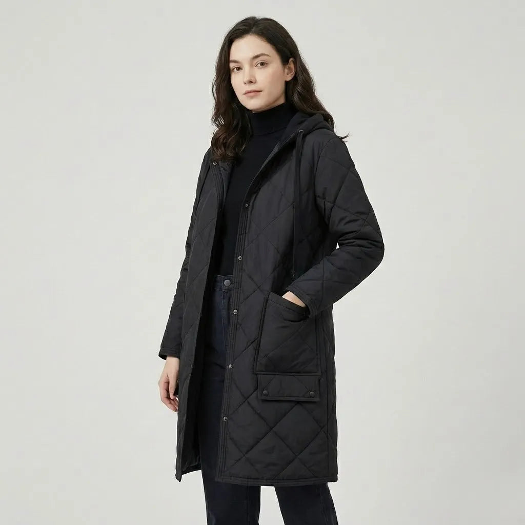 Straight-Cut Long Quilted Hooded Coat