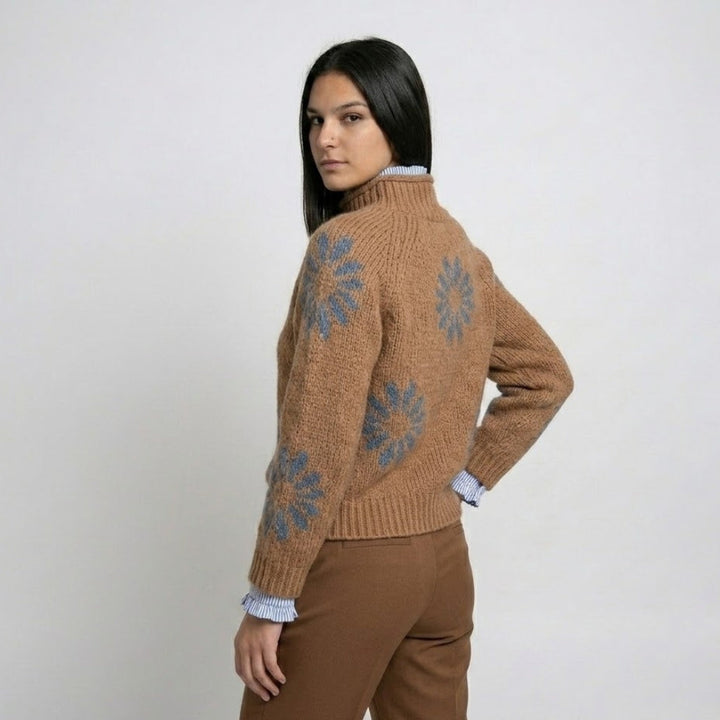 Cozy Roll Neck Knitted Sweater in Acrylic-Wool Blend with Decorative Design