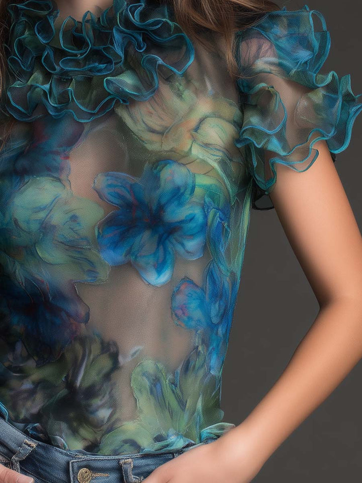 Retro Boho Sheer Floral Ruffle Mesh Top