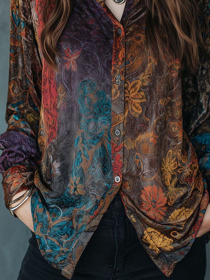 Bohemian Floral Velvet Blouse with Long Sleeves and Button Details