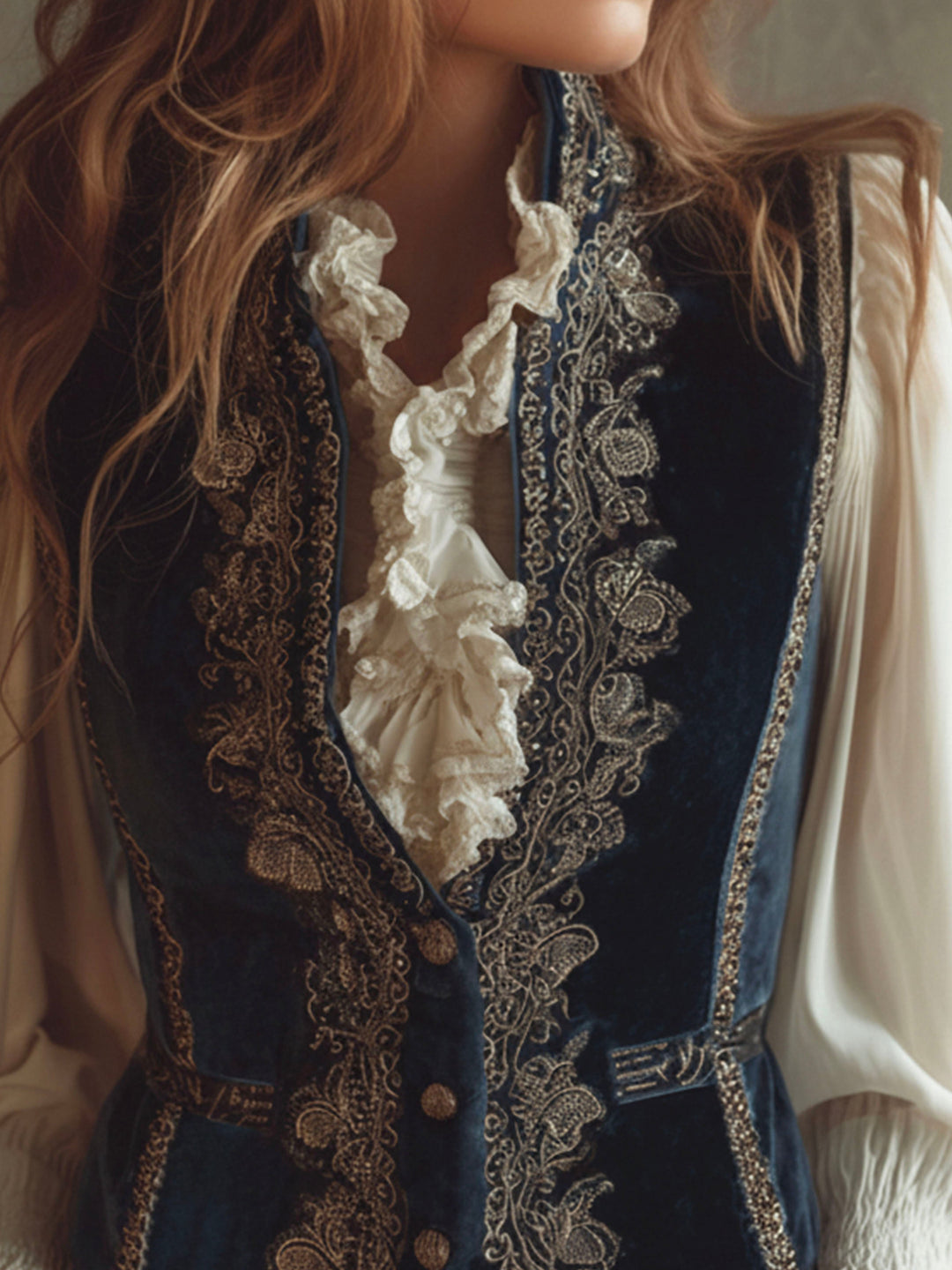 Baroque-Style Vintage Blue Velvet Waistcoat