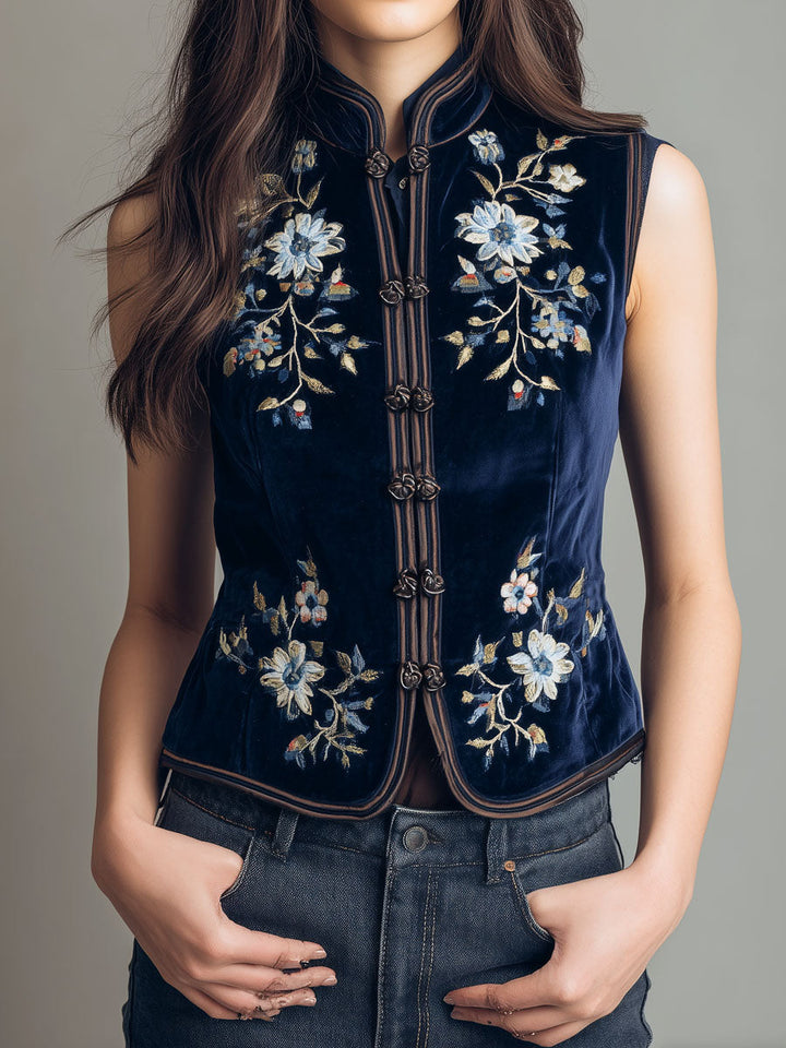 Bohemian Embroidered Blue Velvet Gilet