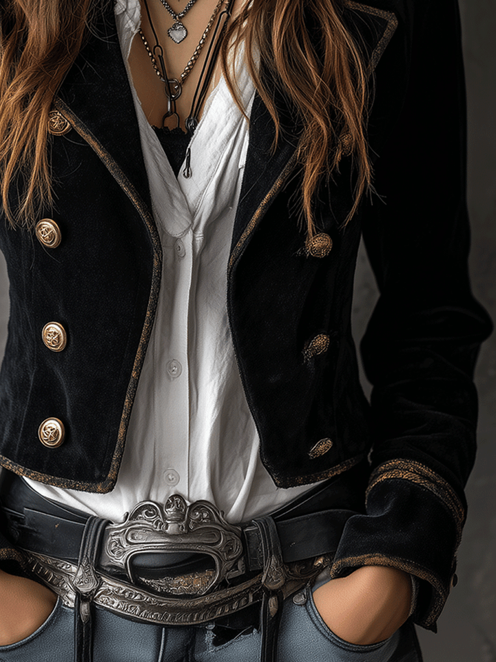 Vintage-Inspired Black Velvet Military Blazer with Gold Accents