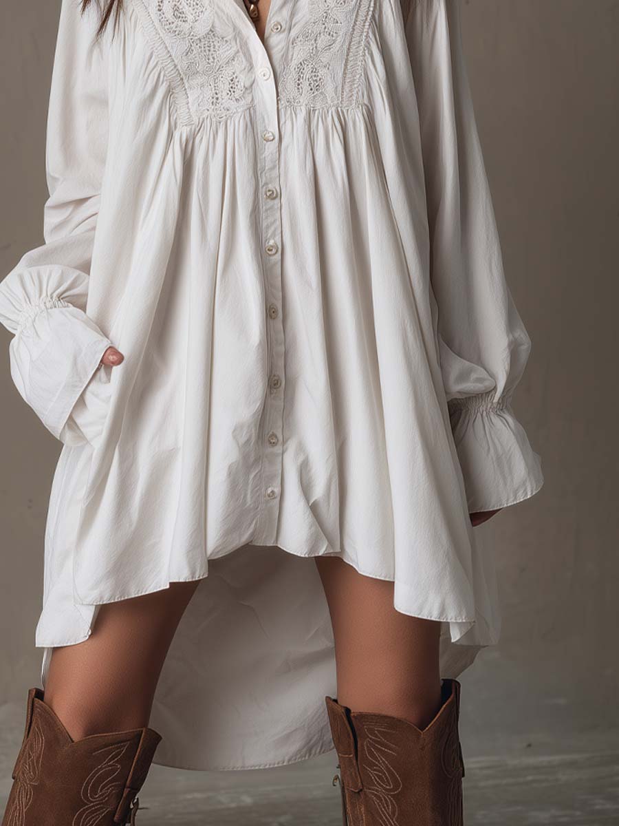Long Sleeve Mini Dress with Vintage Lace and Asymmetrical Design