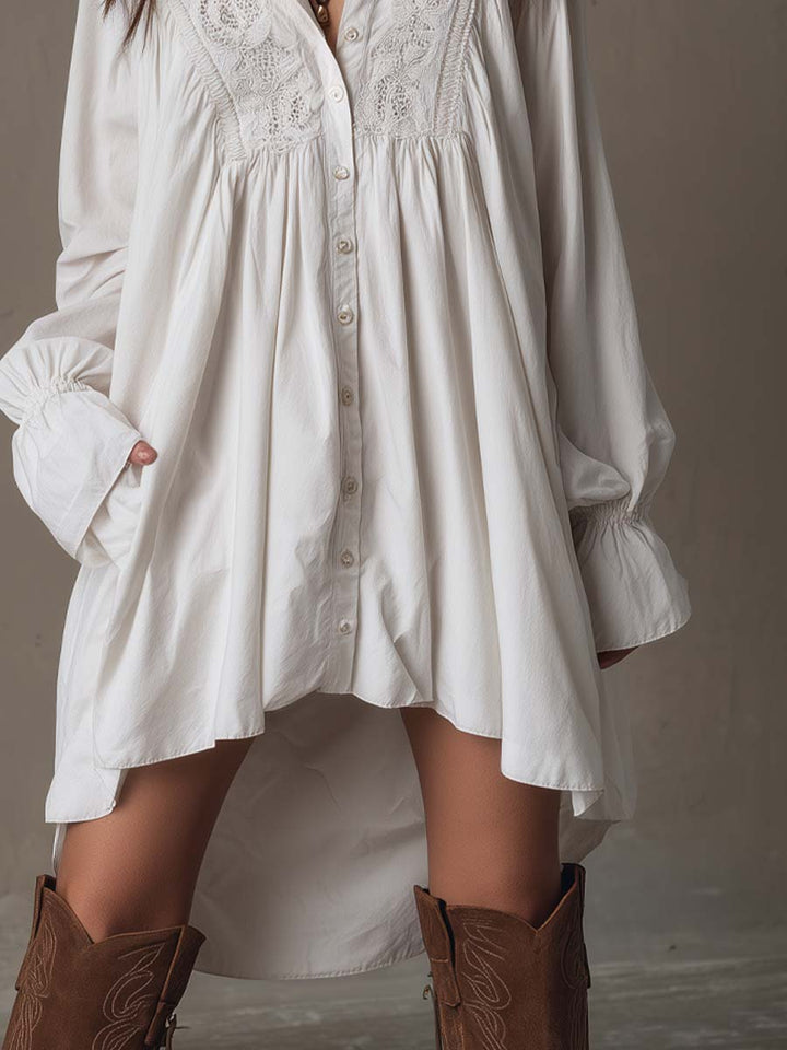 Long Sleeve Mini Dress with Vintage Lace and Asymmetrical Design