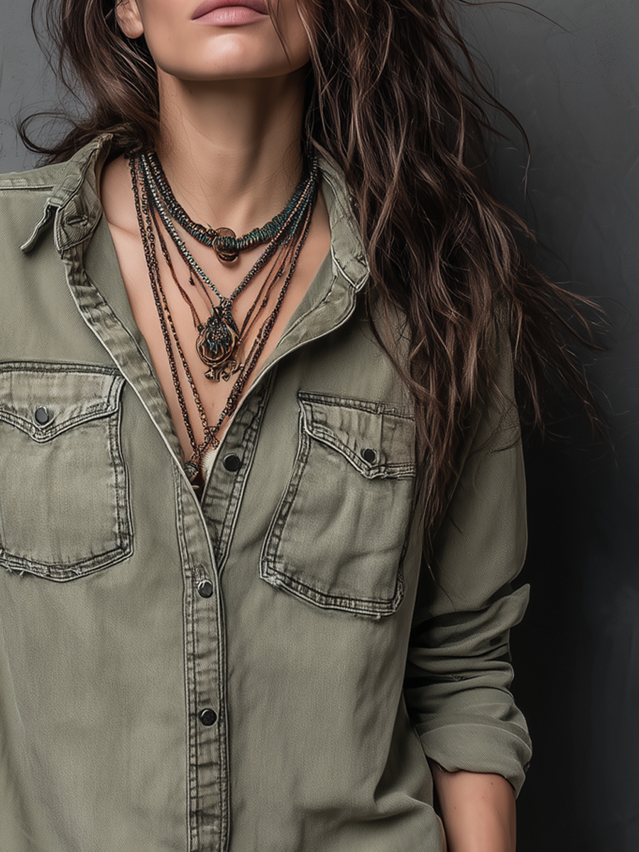 Retro Long Sleeve Blouse with Pockets and Distressed Finish