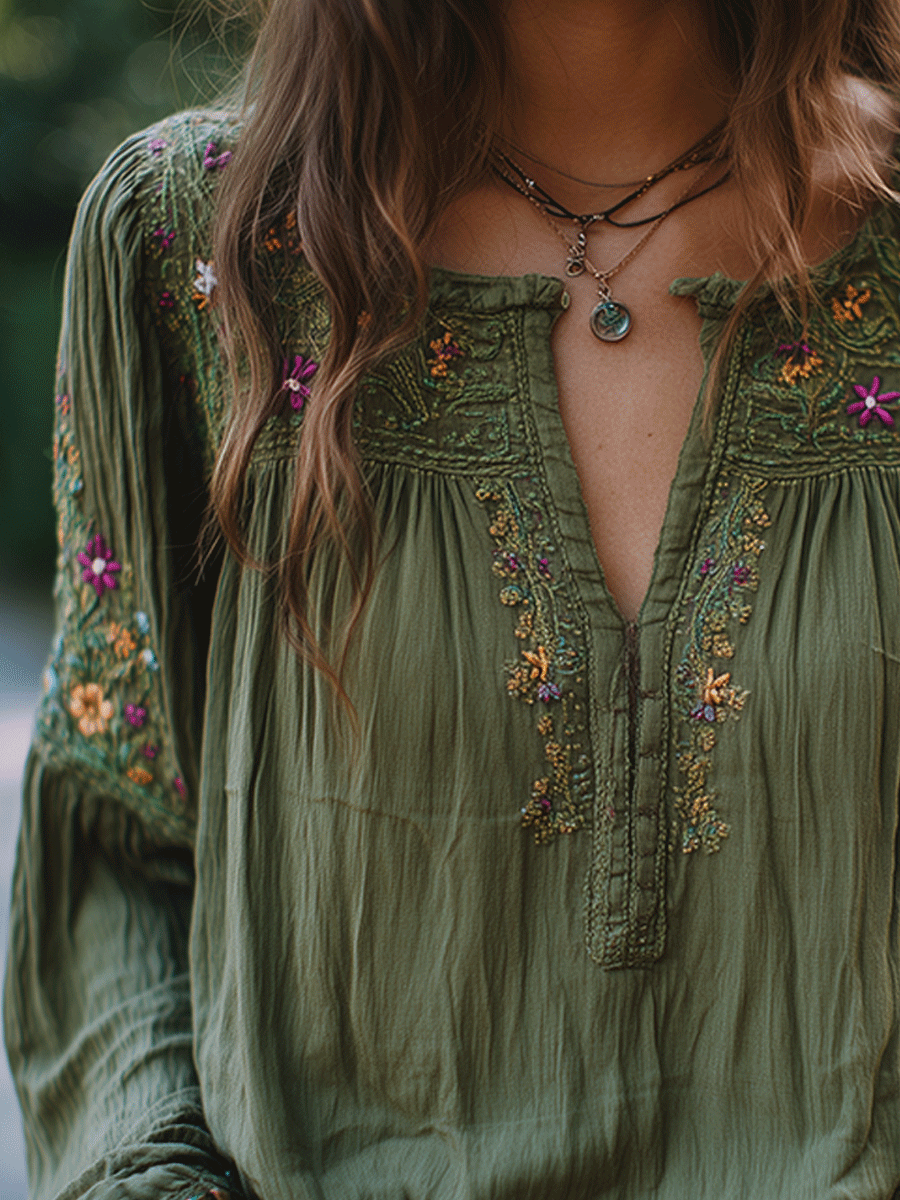 Olive Cotton Blouse with Floral Embroidery