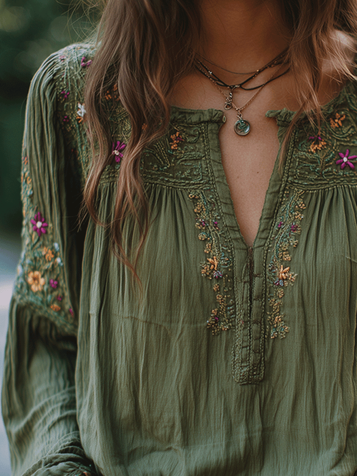 Olive Cotton Blouse with Floral Embroidery
