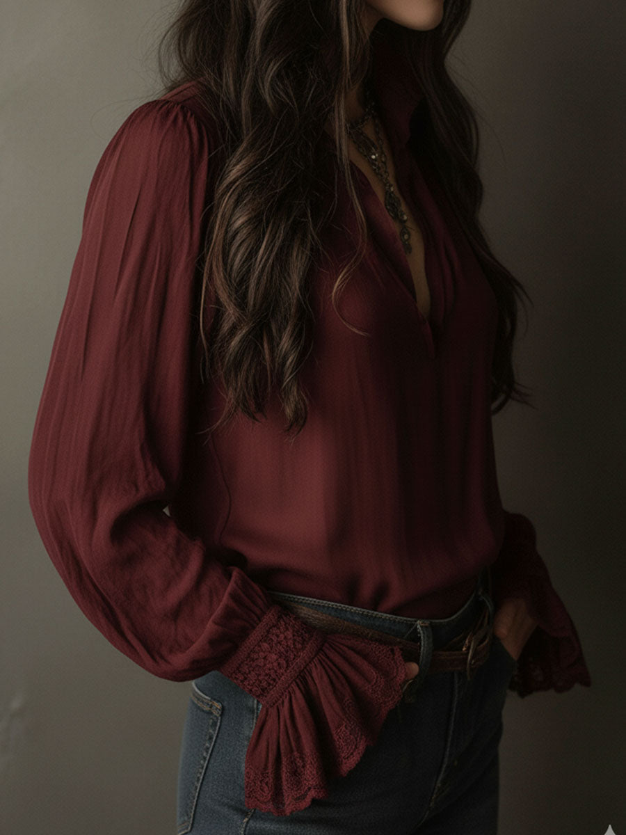 Deep Red Boho V-Neck Blouse Featuring Lace Cuffs