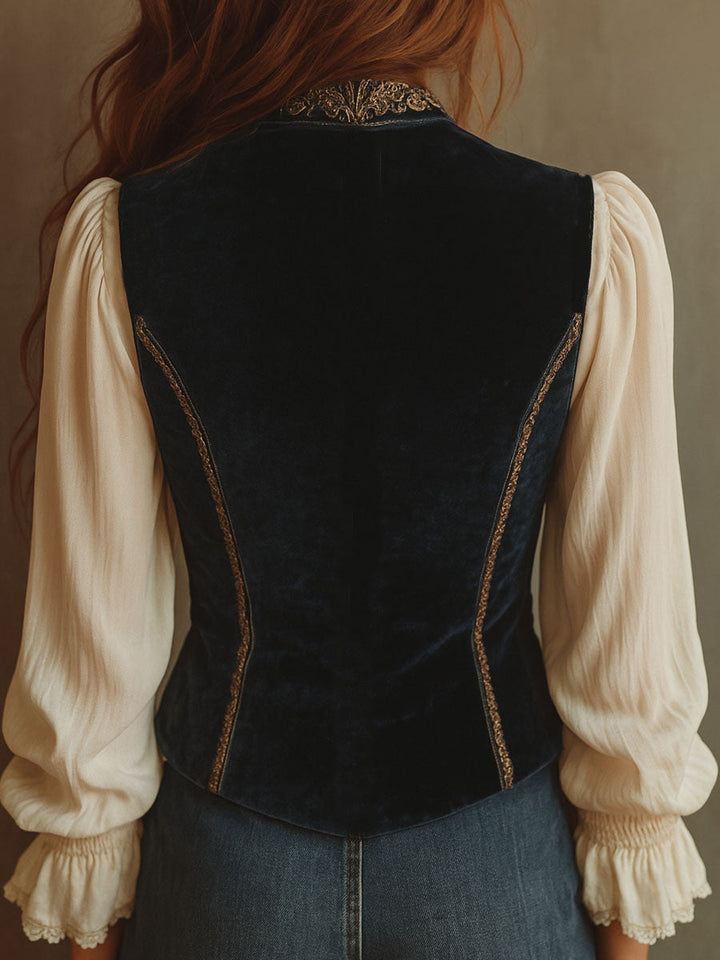 Baroque-Style Vintage Blue Velvet Waistcoat