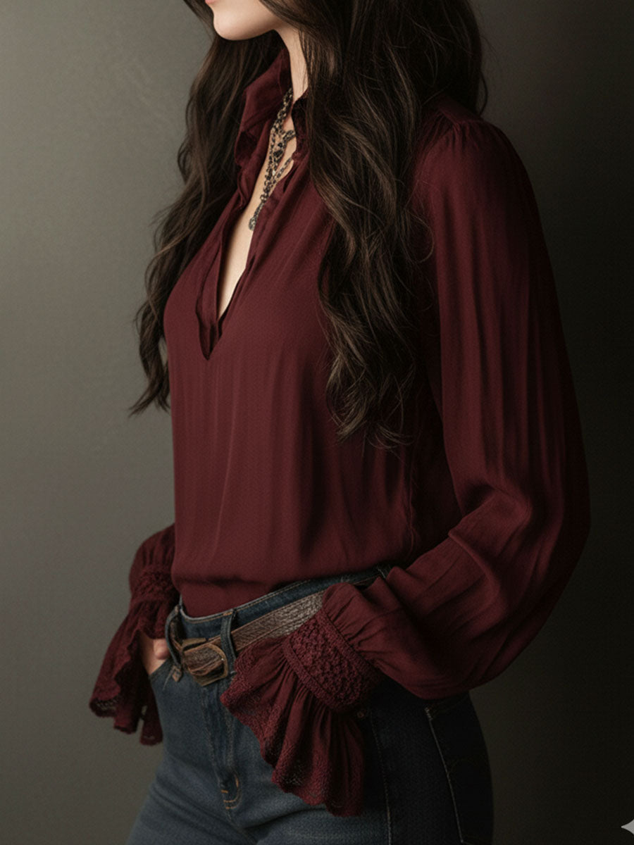 Deep Red Boho V-Neck Blouse Featuring Lace Cuffs
