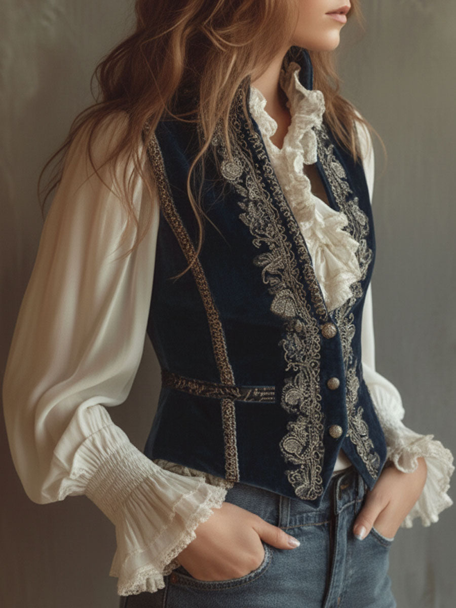 Baroque-Style Vintage Blue Velvet Waistcoat