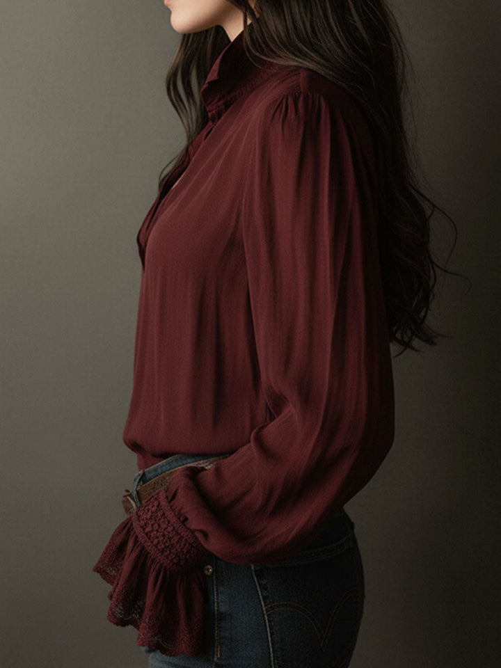 Deep Red Boho V-Neck Blouse Featuring Lace Cuffs