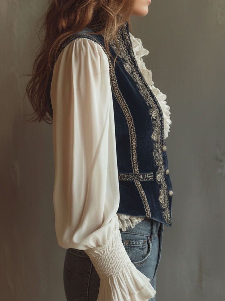 Baroque-Style Vintage Blue Velvet Waistcoat