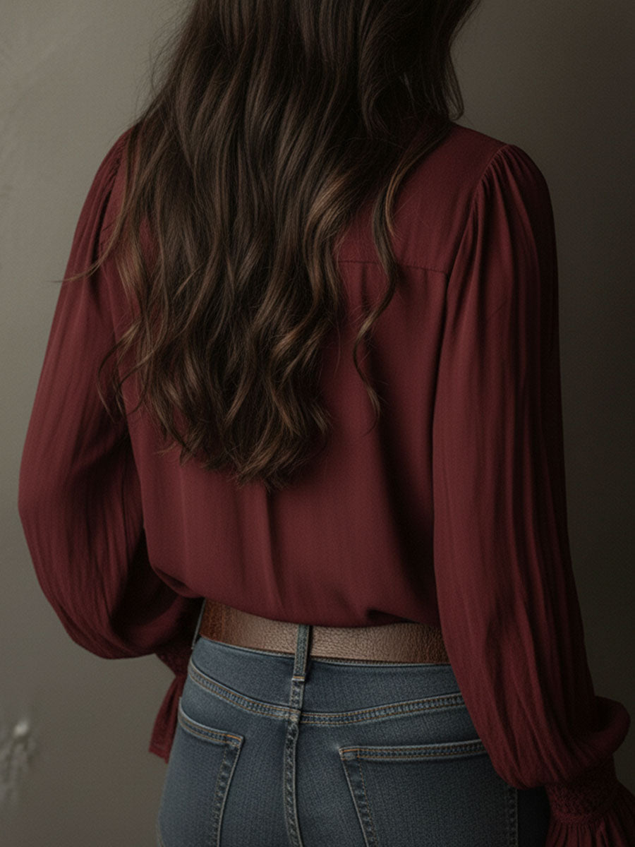 Deep Red Boho V-Neck Blouse Featuring Lace Cuffs