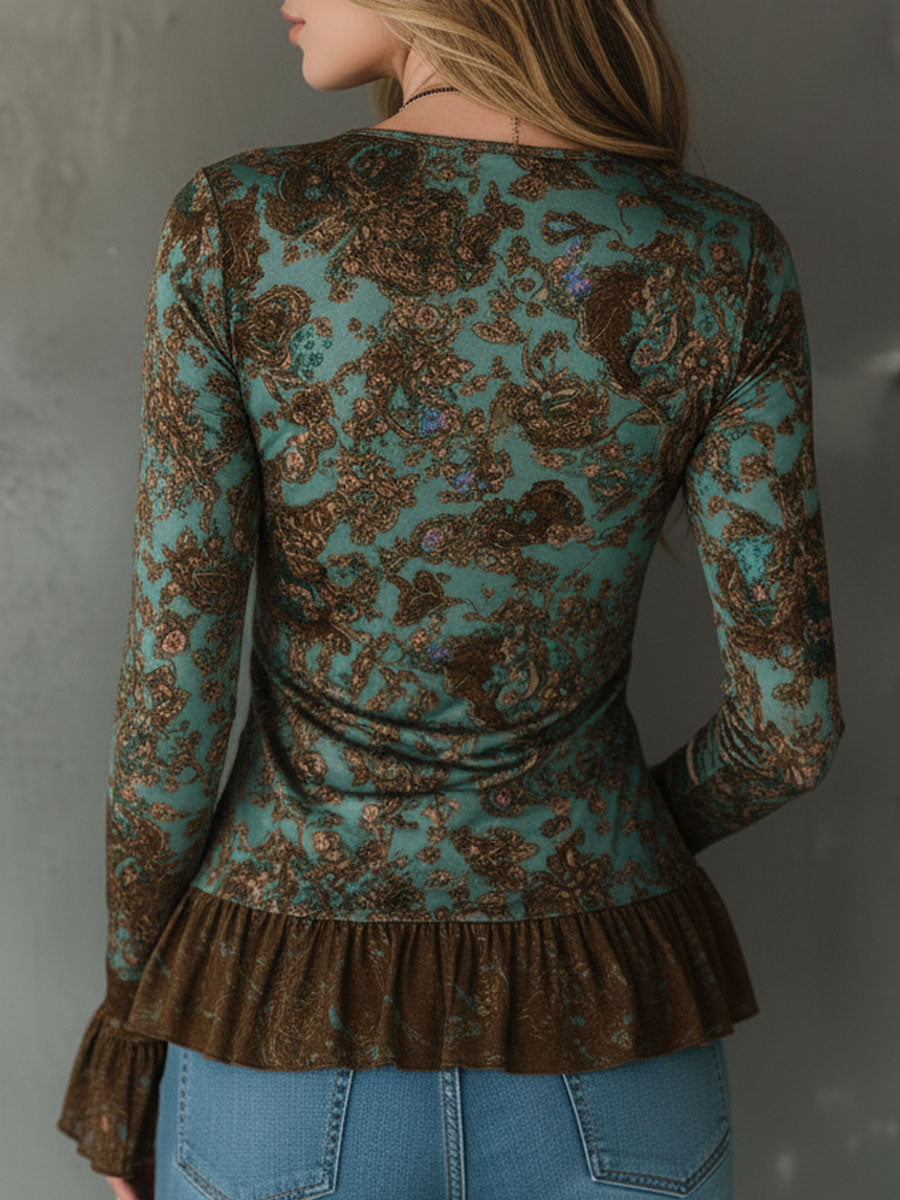 Bohemian Saz Blouse Featuring Copper Floral Accents and Ruffled Hem