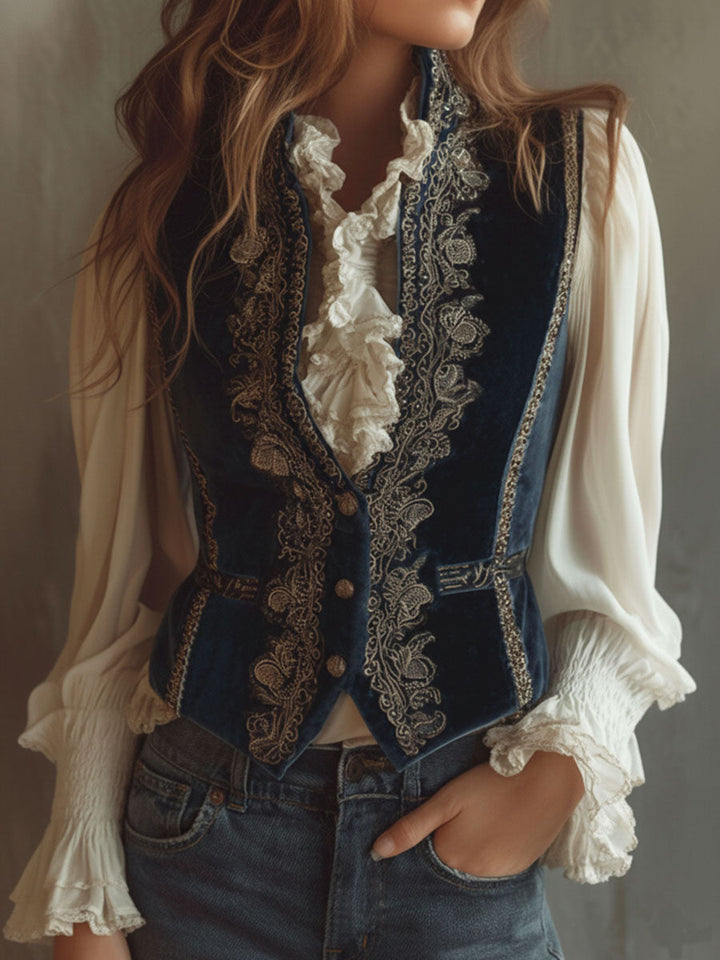 Baroque-Style Vintage Blue Velvet Waistcoat