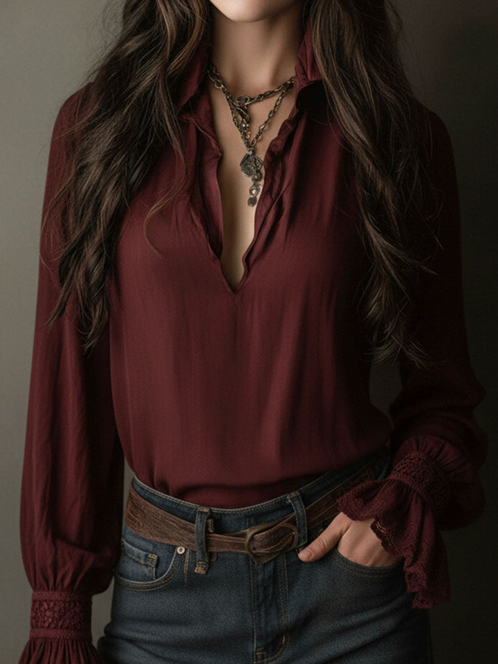 Deep Red Boho V-Neck Blouse Featuring Lace Cuffs
