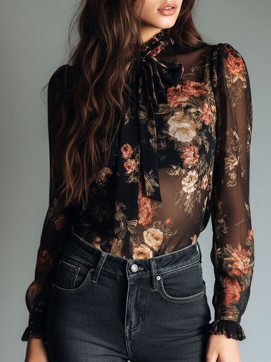 Retro Black Sheer Satin Blouse with Floral Design and Neck Tie