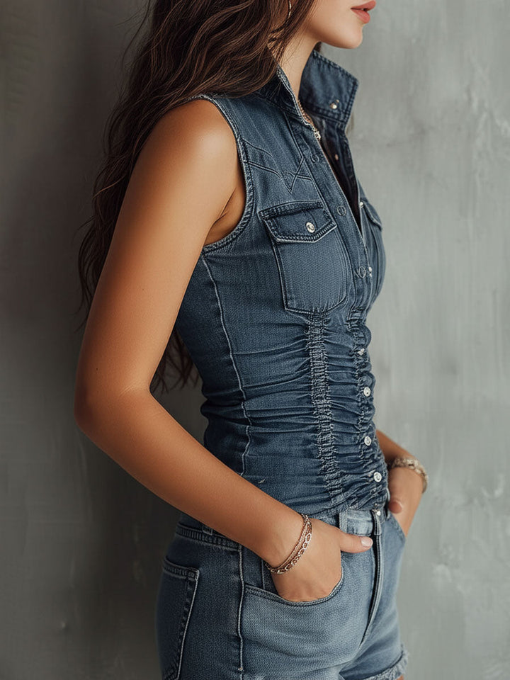 Vintage-Inspired Sleeveless Denim Top in Blue