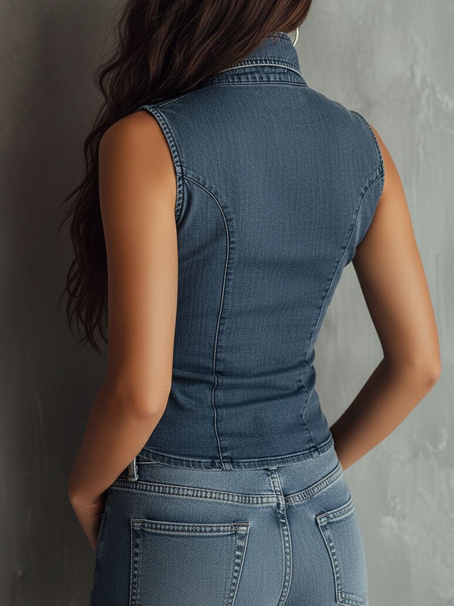 Vintage-Inspired Sleeveless Denim Top in Blue