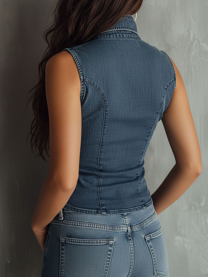 Vintage-Inspired Sleeveless Denim Top in Blue