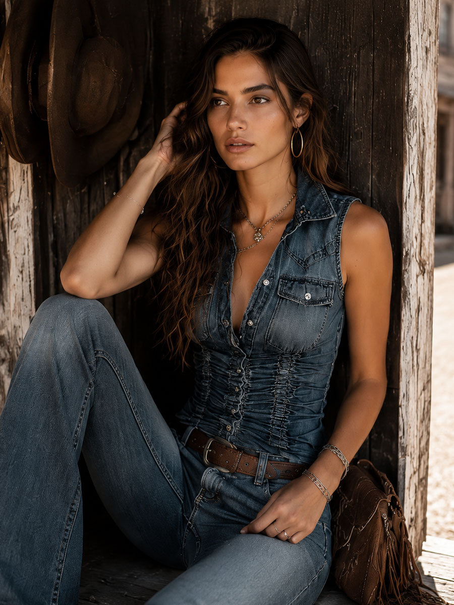 Vintage-Inspired Sleeveless Denim Top in Blue