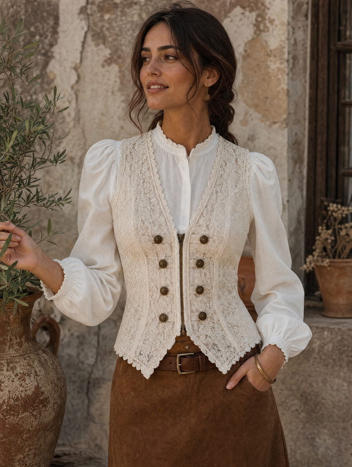 Chic Bohemian Cream Floral Lace Double-Breasted Vest
