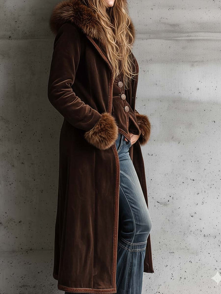 Brown Microfiber Maxi Suit with Metallic Buttons and Faux Fur Accents