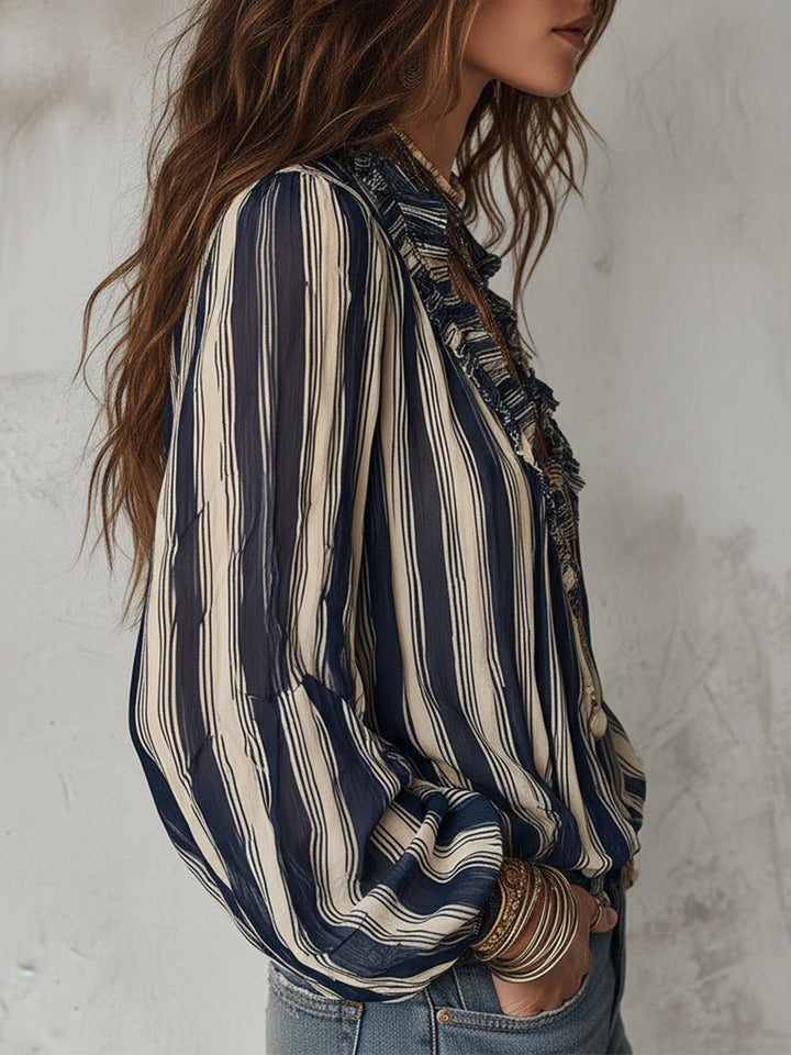 Bohemian Royal Blue Striped Satin Blouse