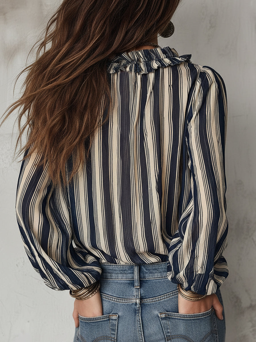 Bohemian Royal Blue Striped Satin Blouse