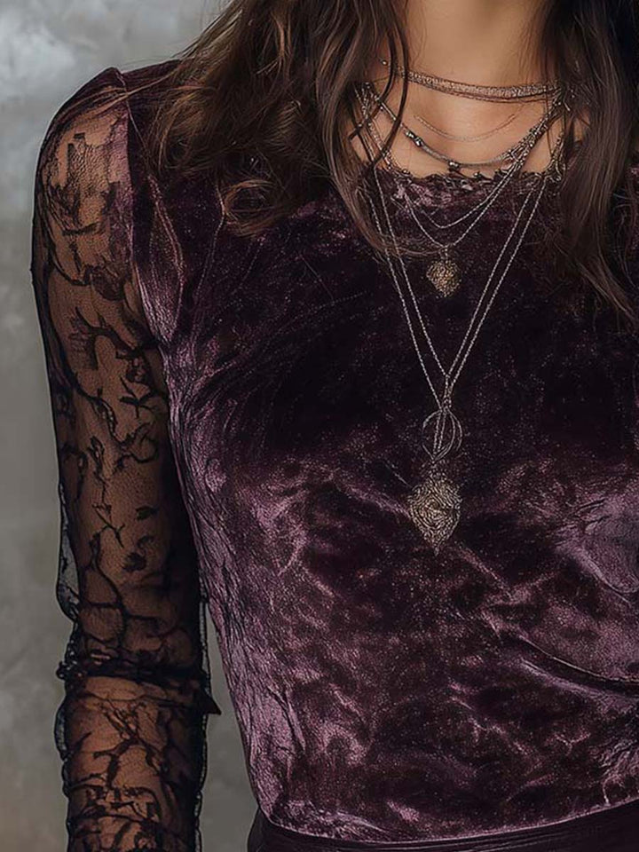 Sheer-Sleeved Gothic Velvet and Lace Blouse