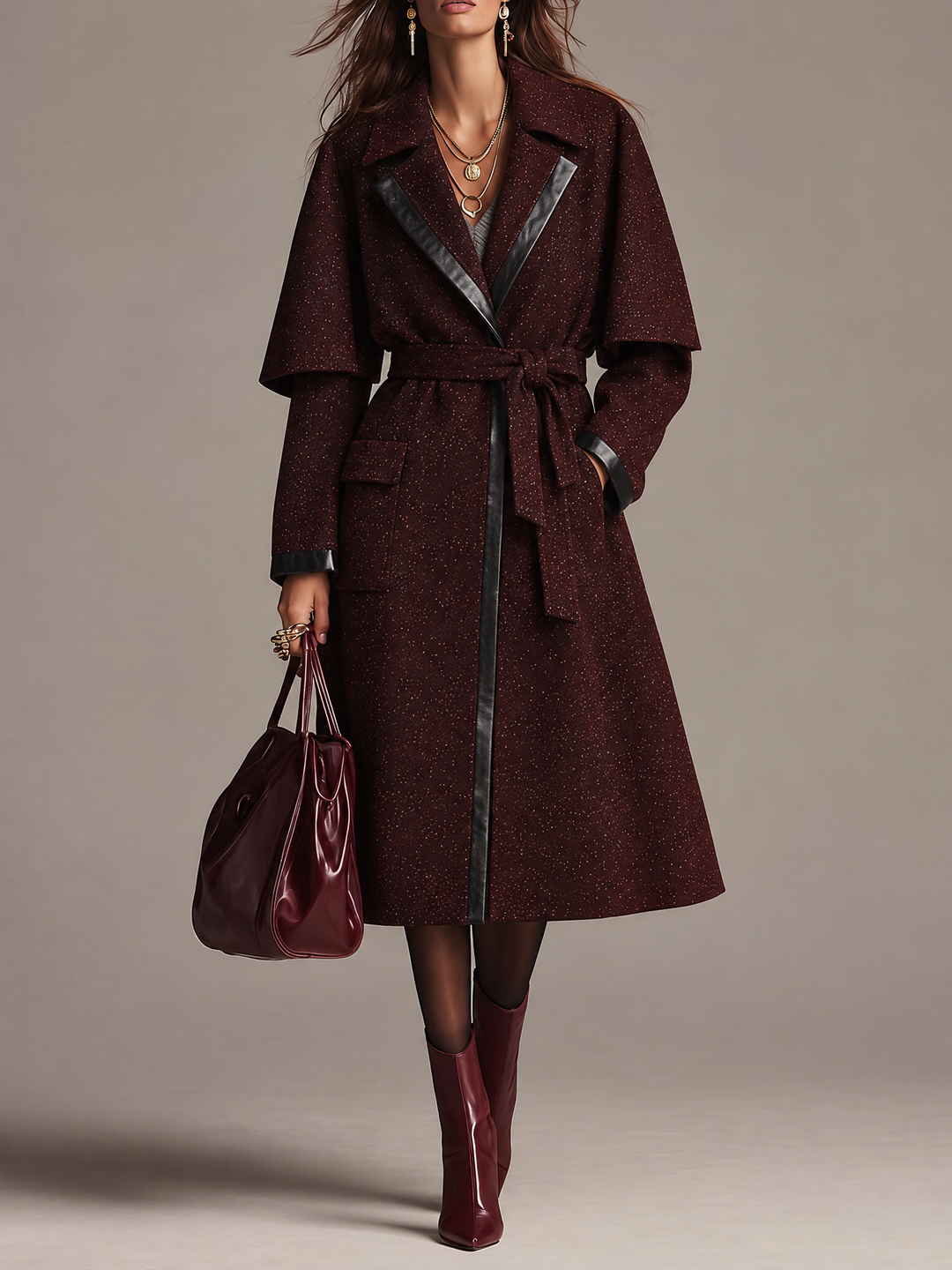Chic Three-Quarter Wool Blend Coat with Faux Leather Accents