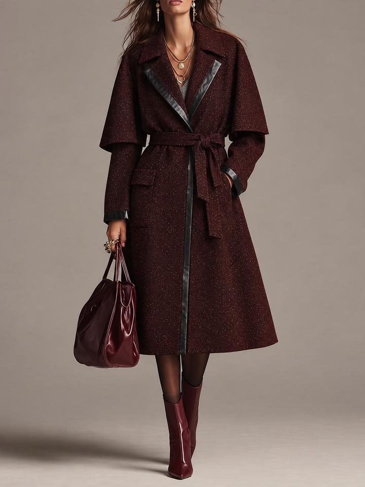Chic Three-Quarter Wool Blend Coat with Faux Leather Accents