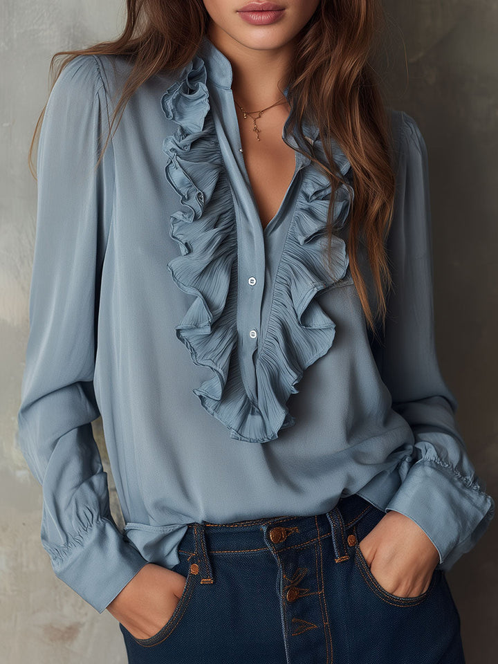 Dark Blue Striped Satin Blouse with Button Details