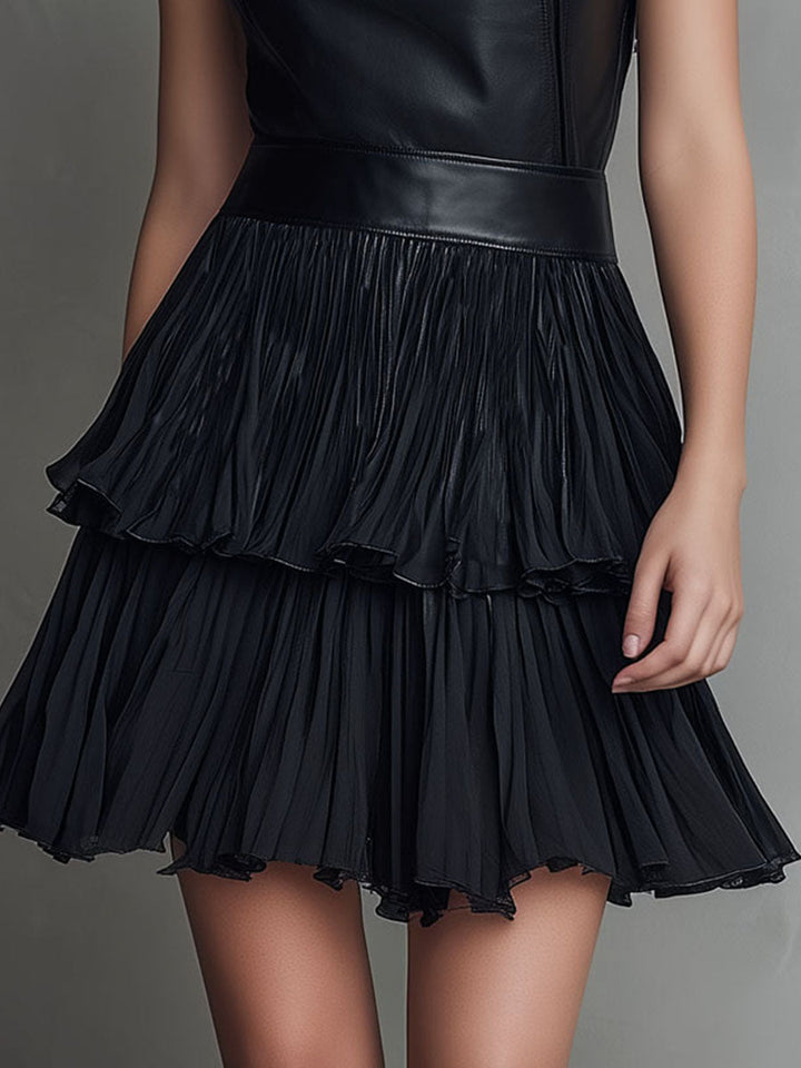 Chic Mini Dress in Luxe Black Eco-Leather with Pleated Satin Accents