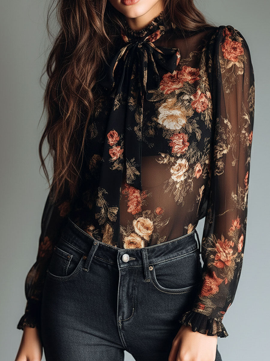 Retro Black Sheer Satin Blouse with Floral Design and Neck Tie