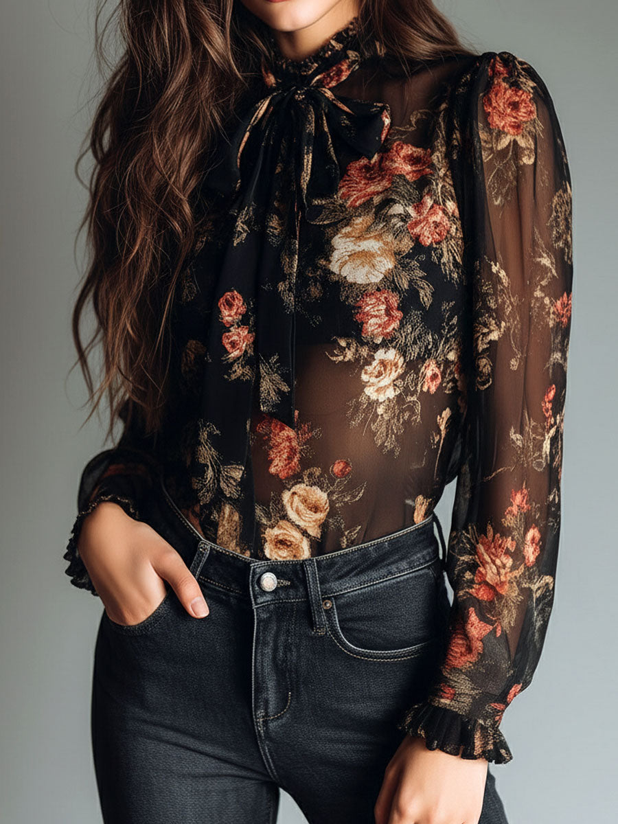 Retro Black Sheer Satin Blouse with Floral Design and Neck Tie